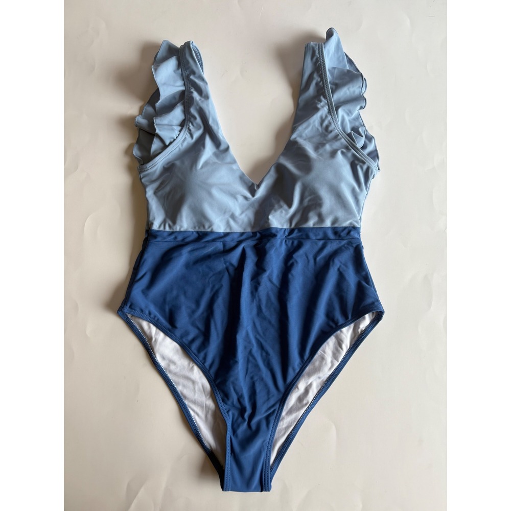 Blue Ruffle One Piece Swimsuit‎ Medium Colorblock V Neck Beach Pool